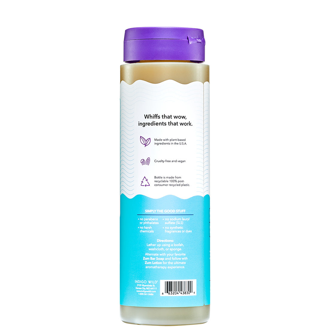 Bottle with a purple cap and a white and blue label on a white background