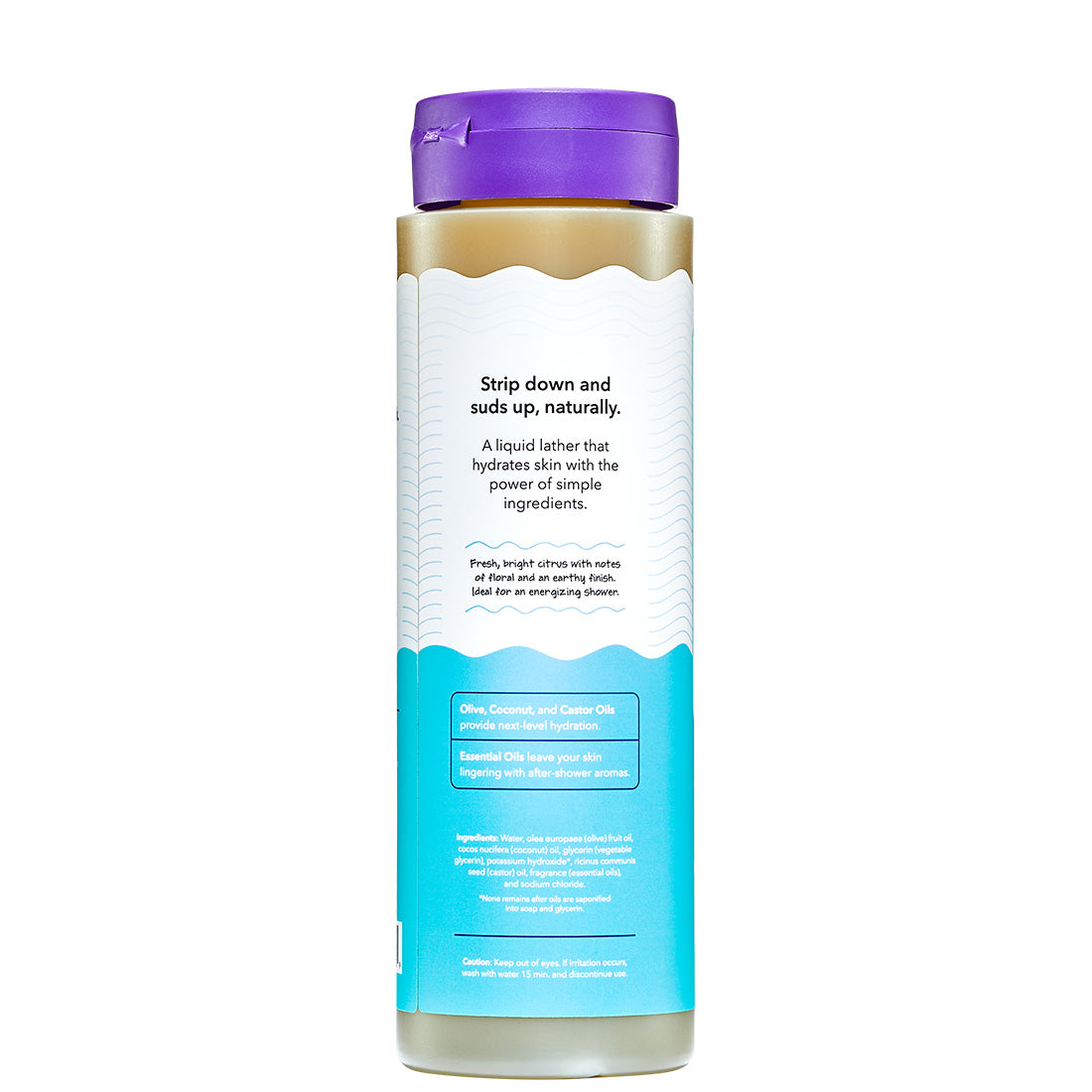 Bottle of liquid soap with a purple cap and blue label on a white background