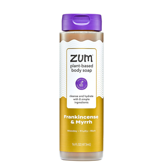 Zum plant-based body soap bottle with Frankincense & Myrrh scent on a white background