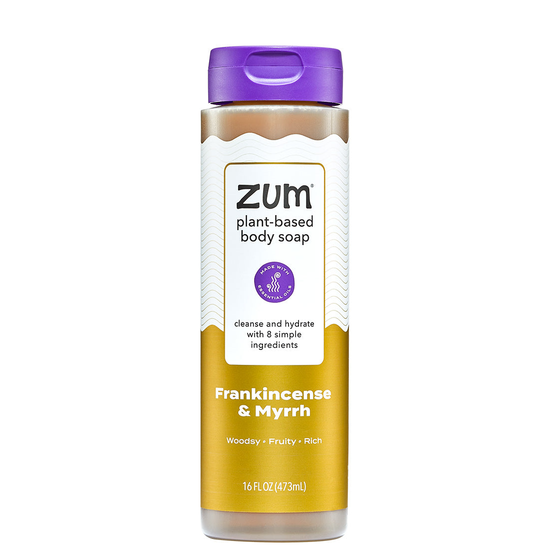 Zum plant-based body soap bottle with Frankincense & Myrrh scent on a white background
