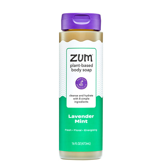Zum plant-based body soap bottle with purple cap and green label on a white background