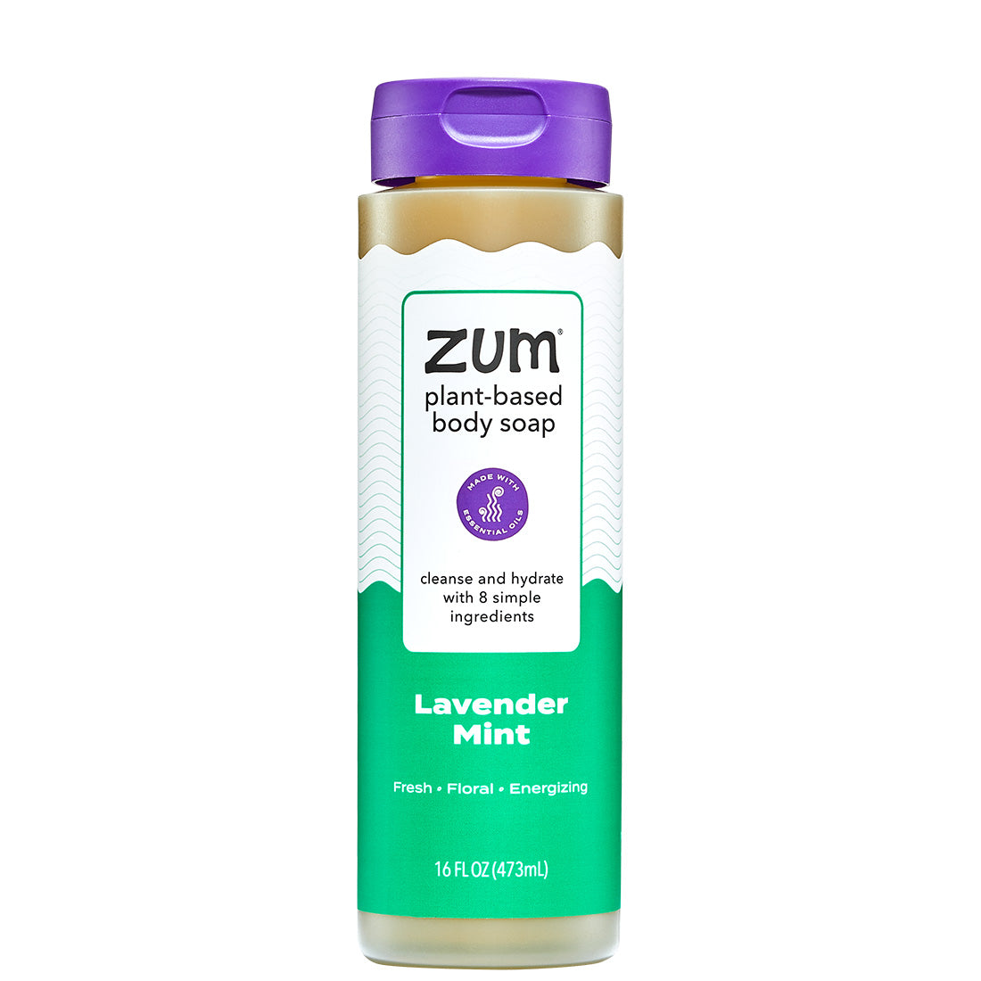 Zum plant-based body soap bottle with purple cap and green label on a white background