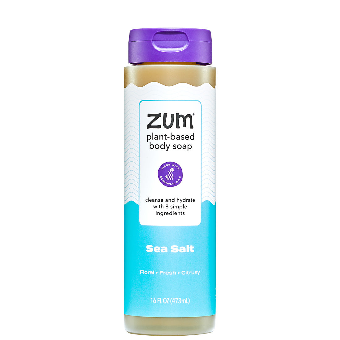 Zum plant-based body soap bottle with purple cap and label on a white background