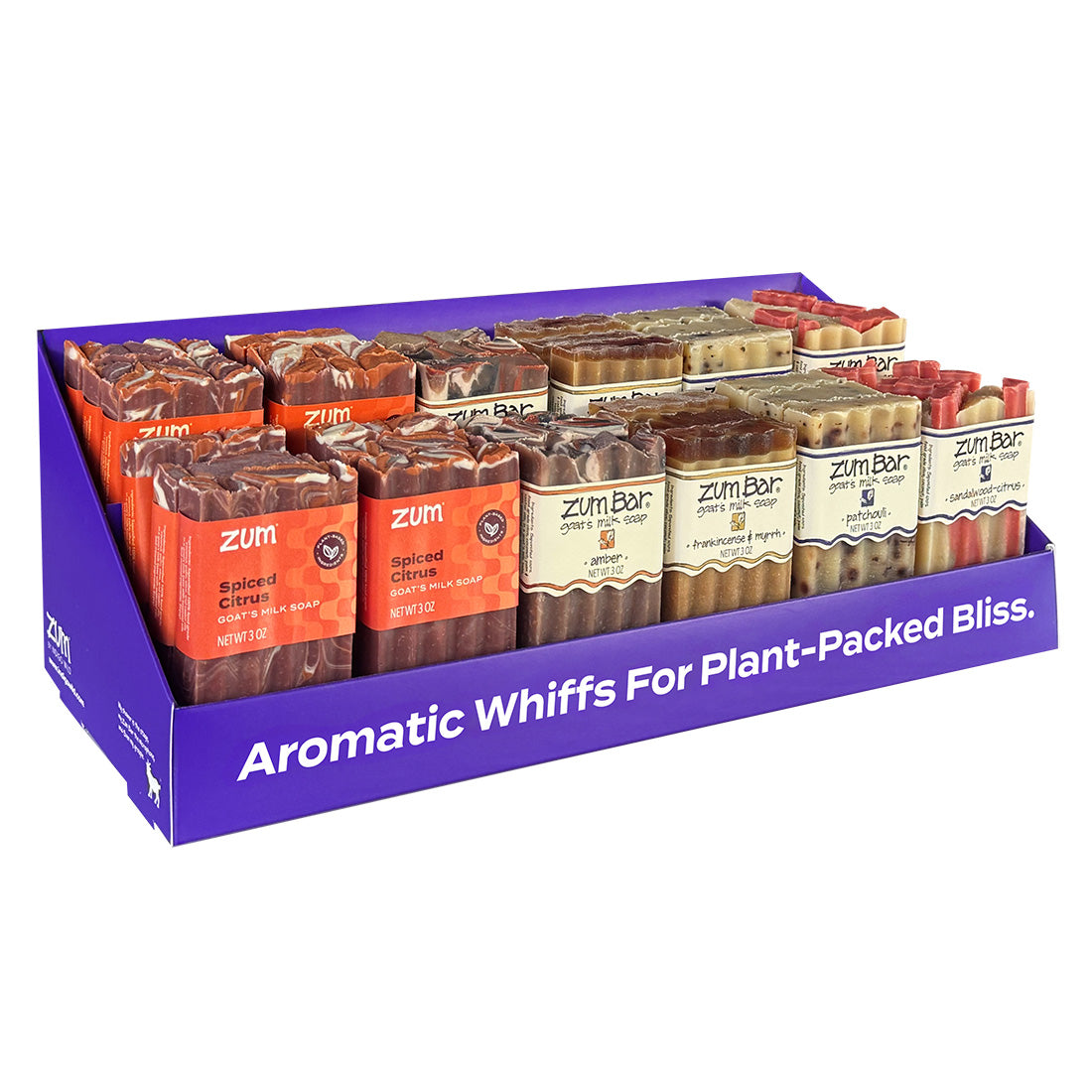 A purple retail display box filled with Zum Bar aromatic whiffs in assorted scents - Spiced Citrus, Amber, Frankincense & Myrrh, Patchouli, and Sandalwood-Citrus.