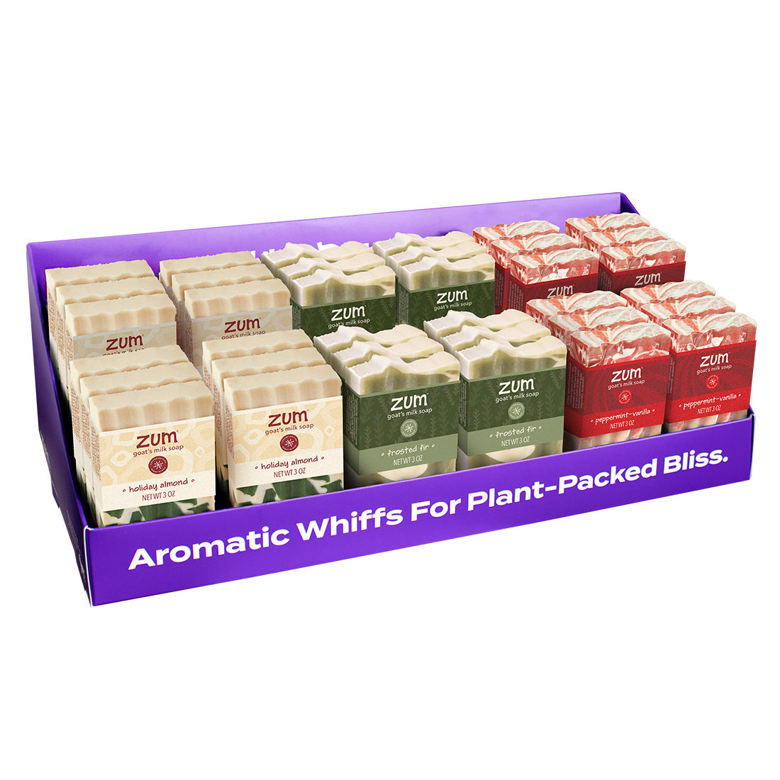 Holiday display that features two tier stand holding 36 Zum Bar Soaps in assorted scents Holiday Almond, Frosted Fir, and Peppermint-Vanilla.