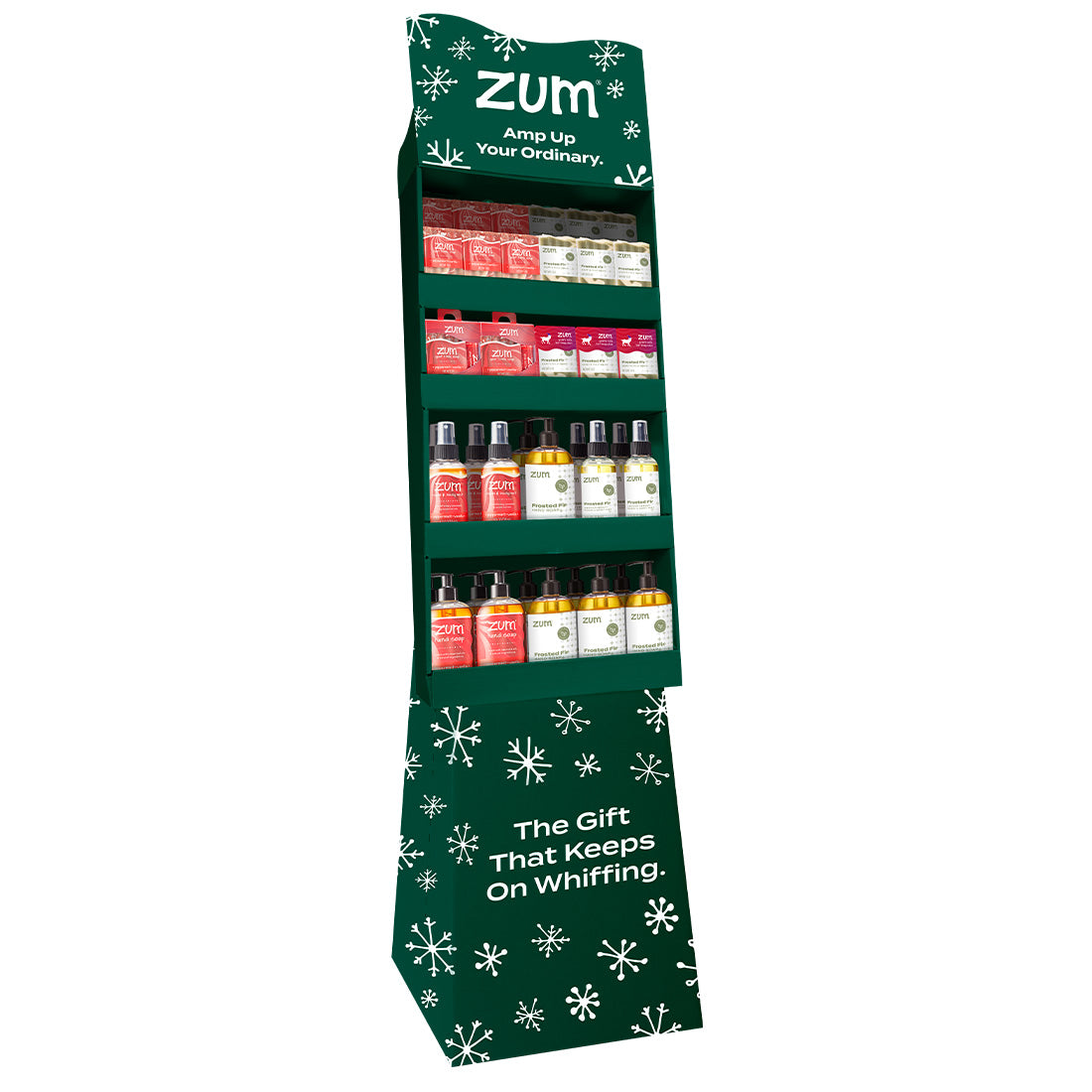 Green whiffmas shipper containing an assortment of Zum holiday products.