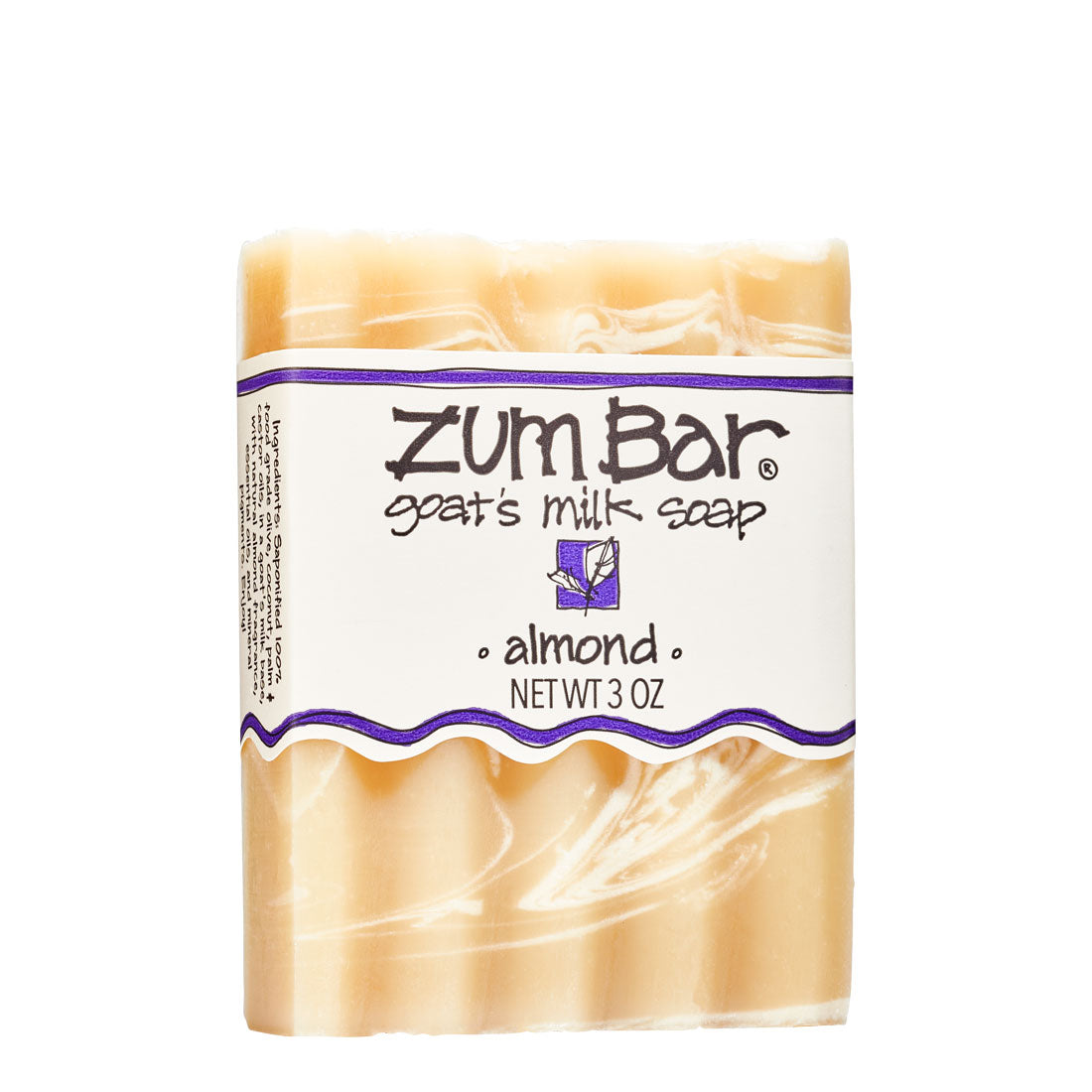 Labeled Almond scented Zum Bar Soap with yellow and cream swirls