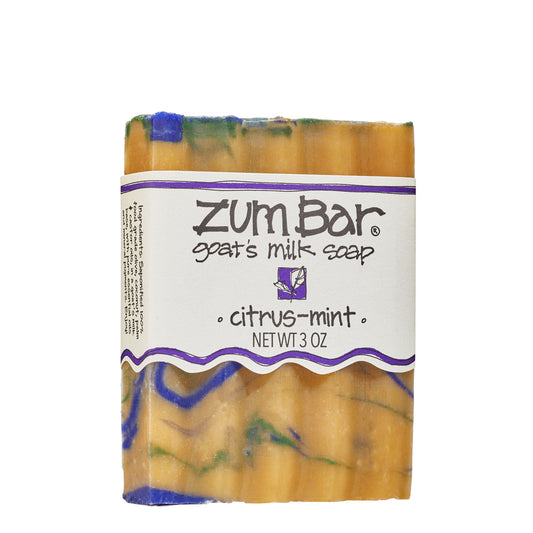 Labeled Citrus-Mint scented Zum Bar Soap with yellow, green and blue colored swirls.