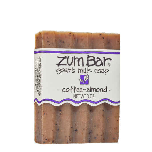 Labeled Coffee-Almond scented Zum Bar Soap with coffee speckled brown coloring