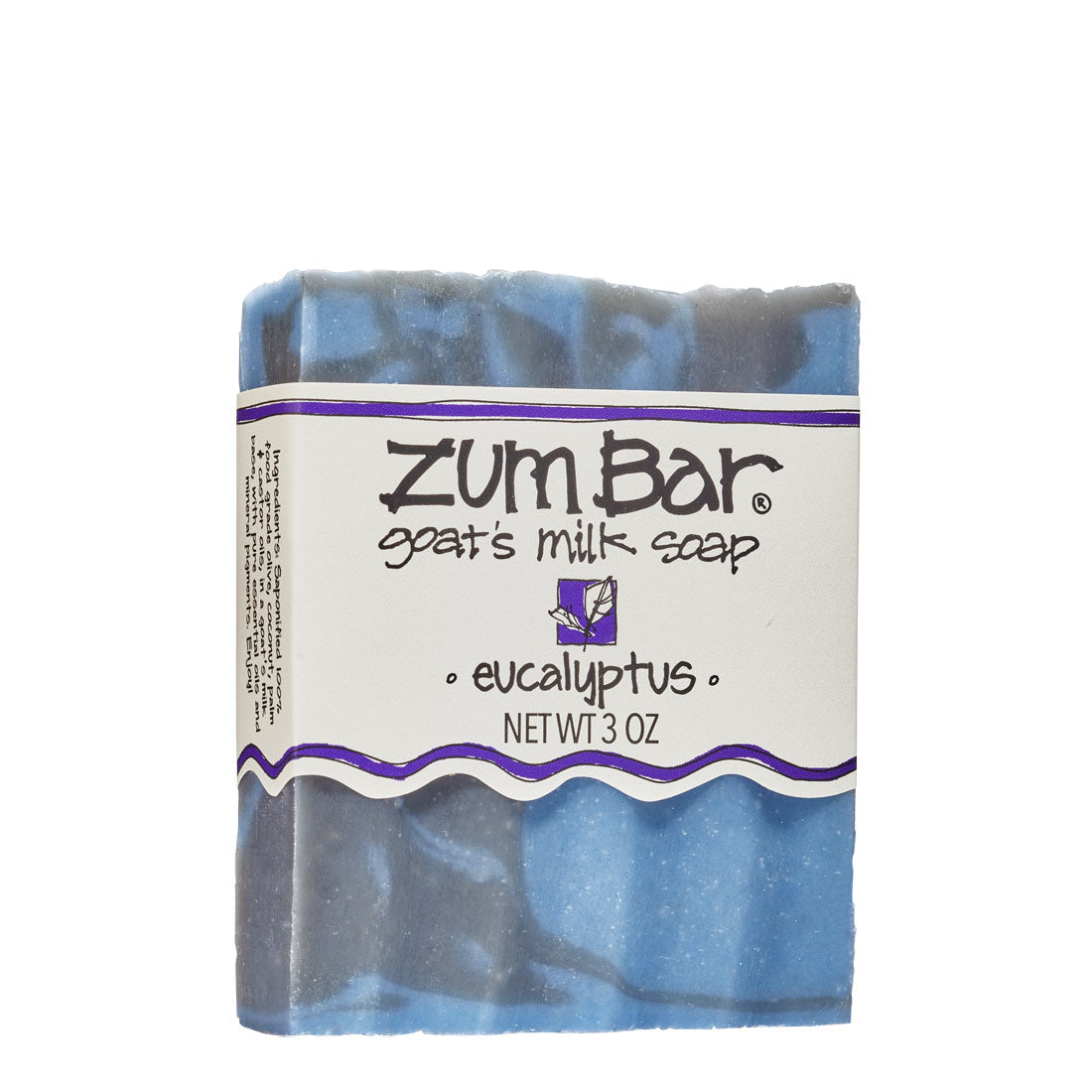 Labeled Eucalyptus scented Zum Bar Soap with blue and black colored swirls.