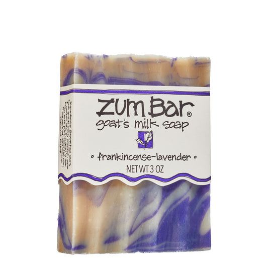 Labeled Frankincense-Lavender scented Zum Bar Soap with brown and purple colored swirls.