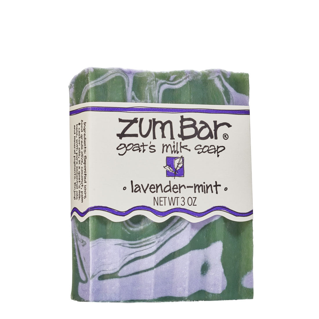 Labeled lavender-mint scented Zum Bar Soap with green and purple colored swirls.