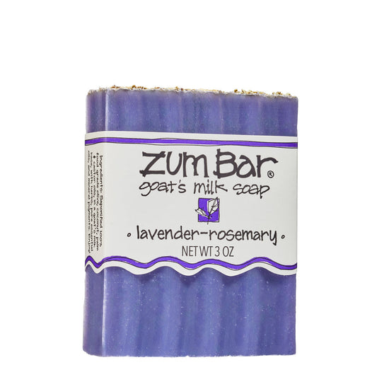 Labeled lavender-rosemary scented Zum Bar Soap with purple coloring topped with rosemary