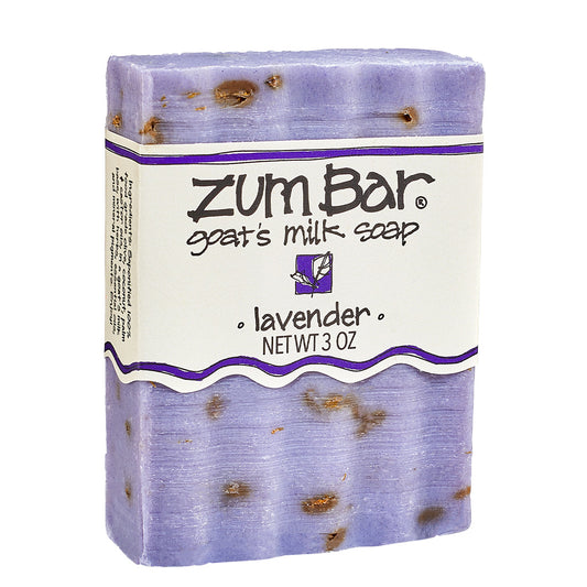 Labeled purple bar soap with specks in the scent Lavender.