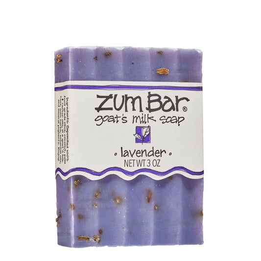 Labeled purple bar soap with specks in the scent Lavender.