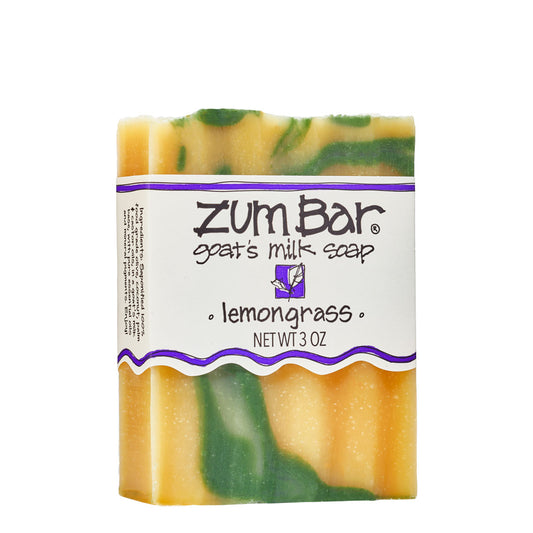 Labeled lemongrass cented Zum Bar Soap with yellow and green colored swirls.