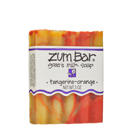 Labeled tangerine-orange scented Zum Bar Soap with yellow and red colored swirls