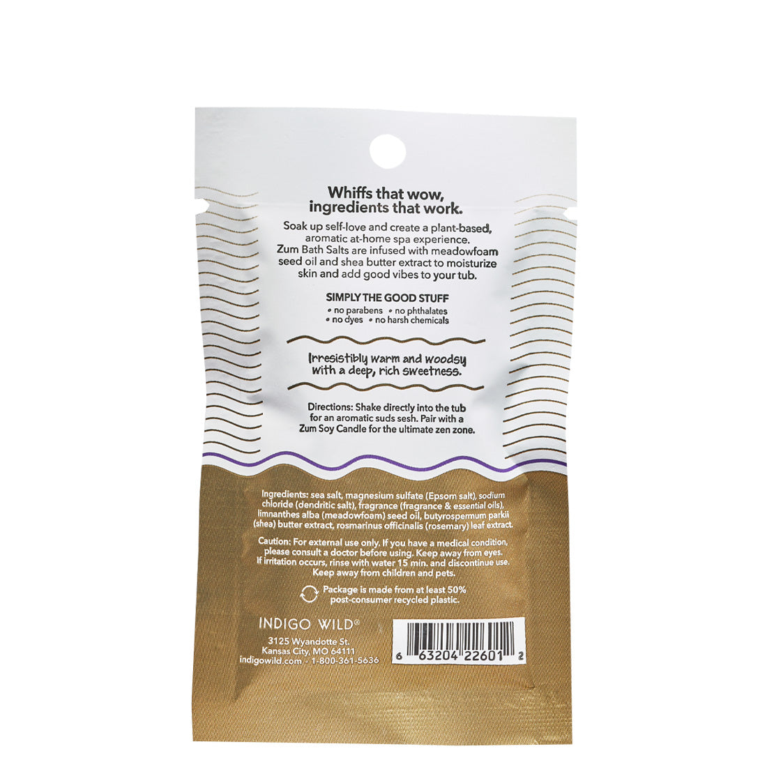 Back of tearable packet with brown, black, and purple design containing Frankincense & Myrrh scented bath salts.