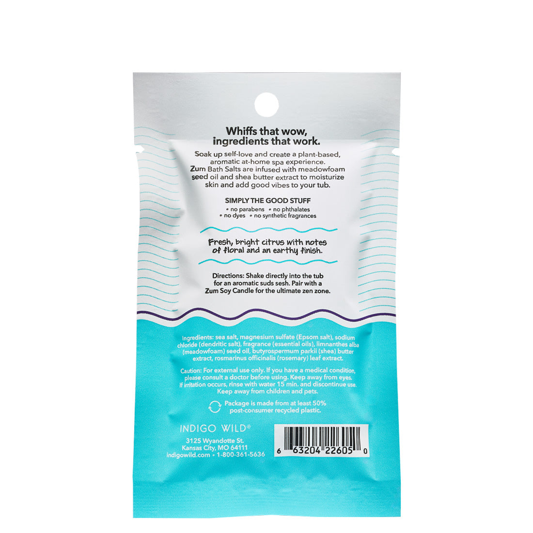 Back of tearable packet with blue, black, and purple design containing Sea Salt scented bath salts.