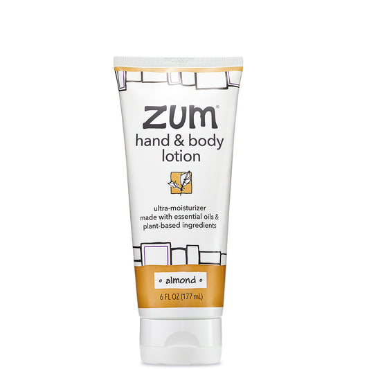 Front view of tube filled with almond scented hand and body lotion.