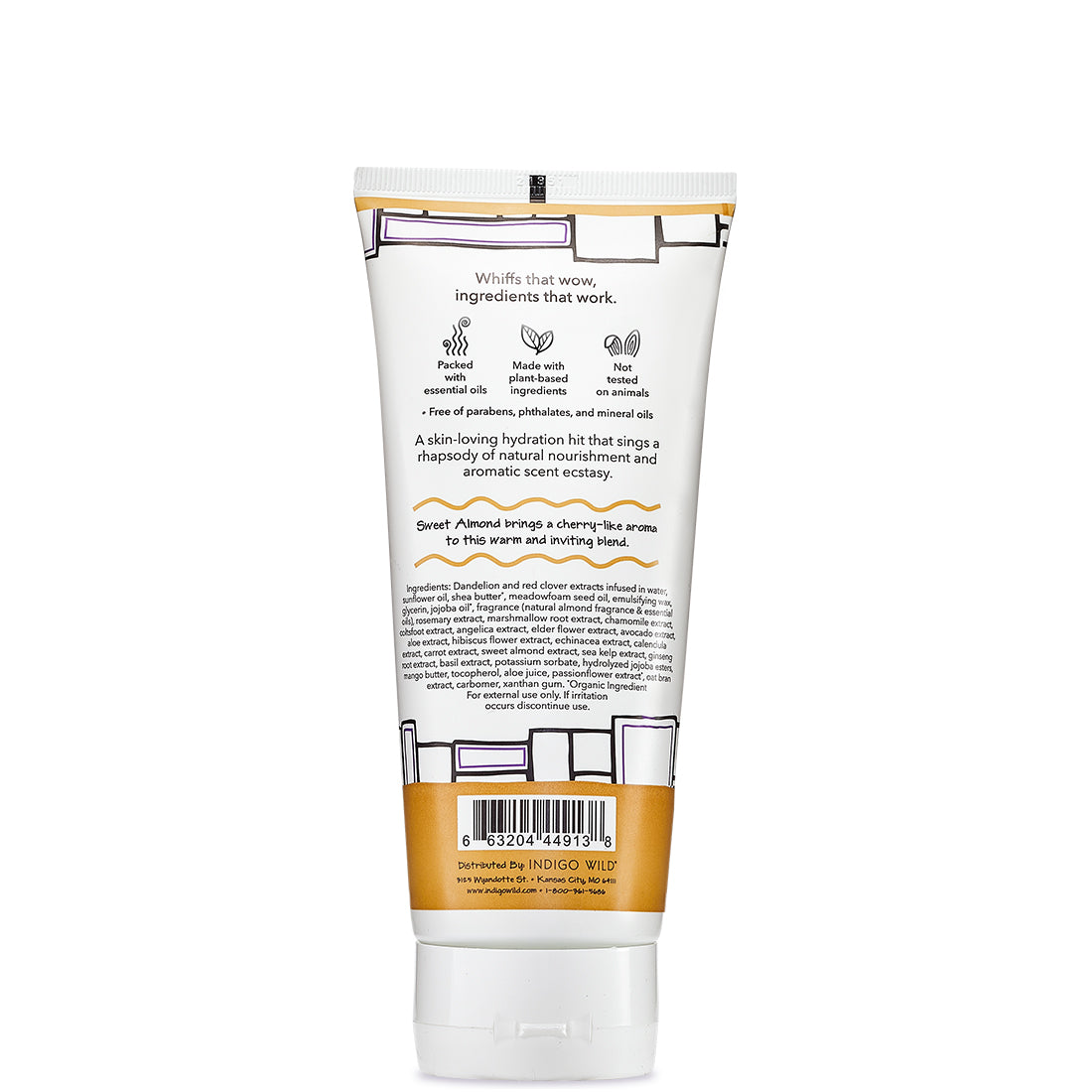 Back view of tube filled with almond scented hand and body lotion.