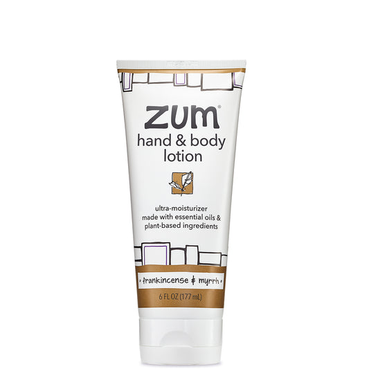 Front view of tube filled with frankincense & myrrh scented hand and body lotion.