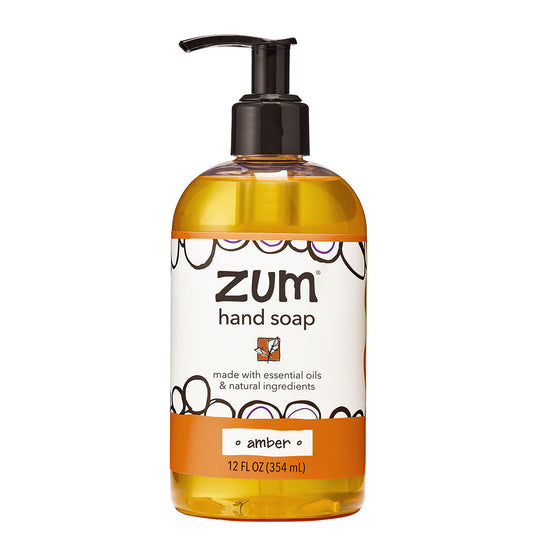 Amber Hand Soap in a pump bottle with black pump and white label.