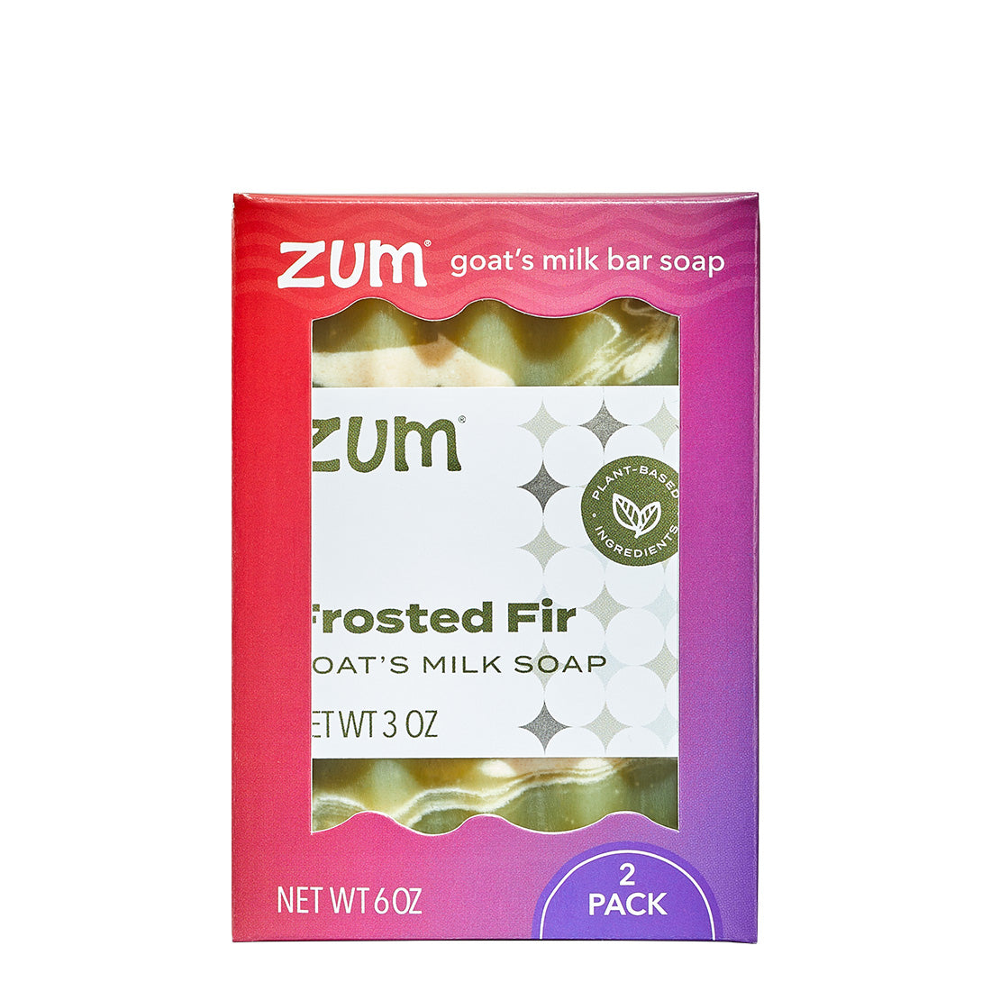 Zum goat's milk bar soap packaging with a pink and purple gradient