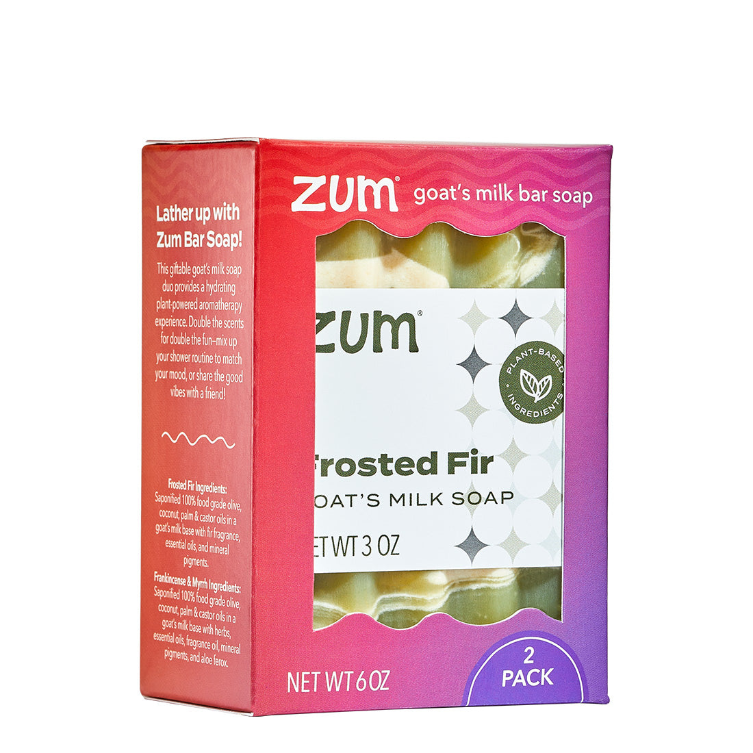 Zum goat's milk bar soap packaging with a red and pink design.