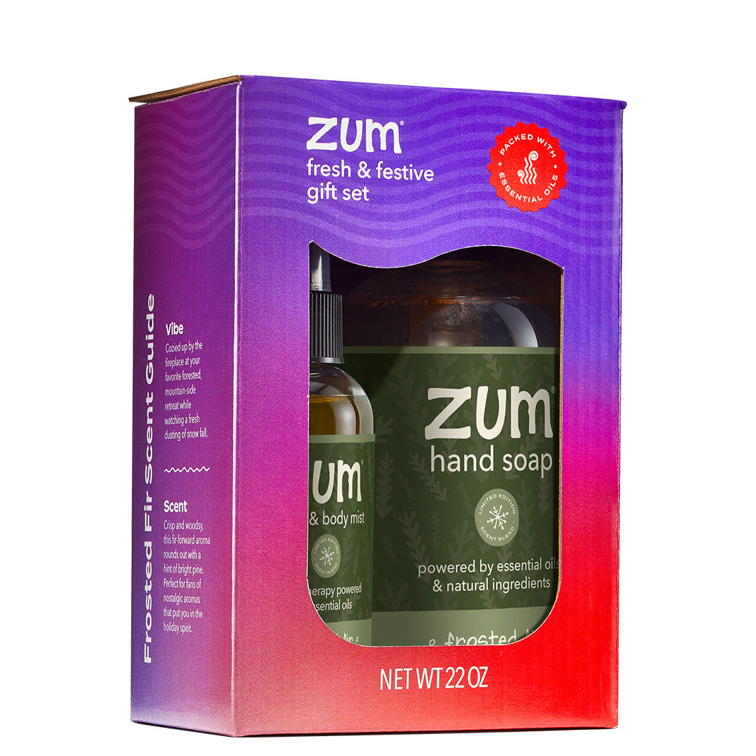 Zum Gift Set featuring a Frosted Fir Hand Soap + Mist in a purple and red gradient gift box set. Gift box features cut out in the front middle to show the two products inside. 