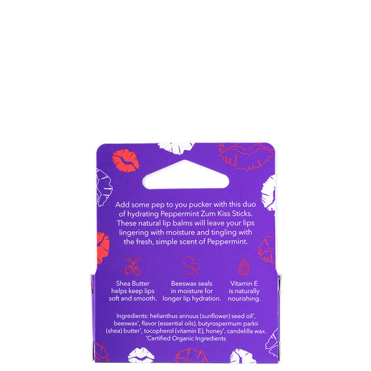 Purple packaging of Zum Kids lip balm sticks with text and lip illustrations on a white background