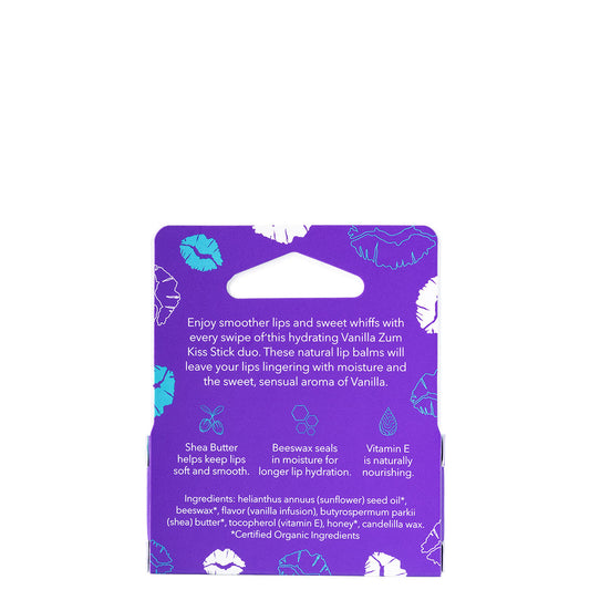 Purple packaging of Vanilla Zum Kiss Stick duo with product description and ingredients on a white background