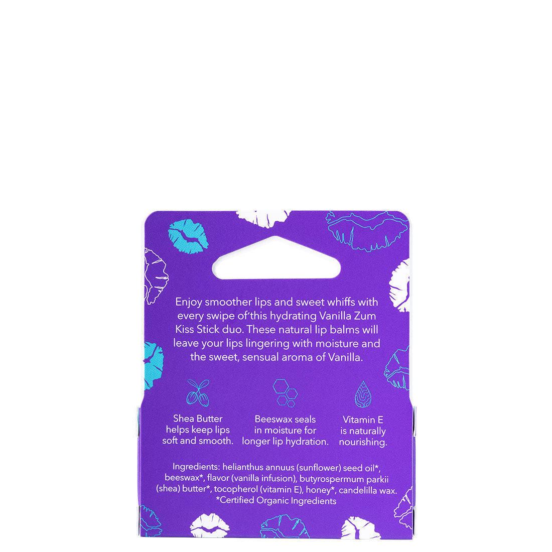 Purple packaging of Vanilla Zum Kiss Stick duo with product description and ingredients on a white background