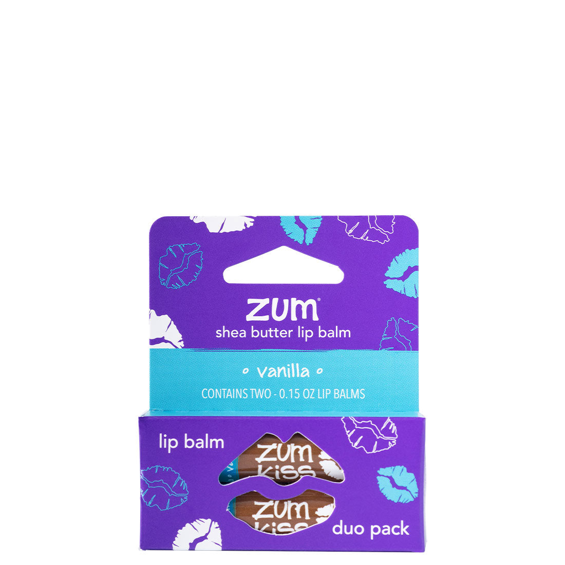 Purple packaging of Zum shea butter lip balm with a white background