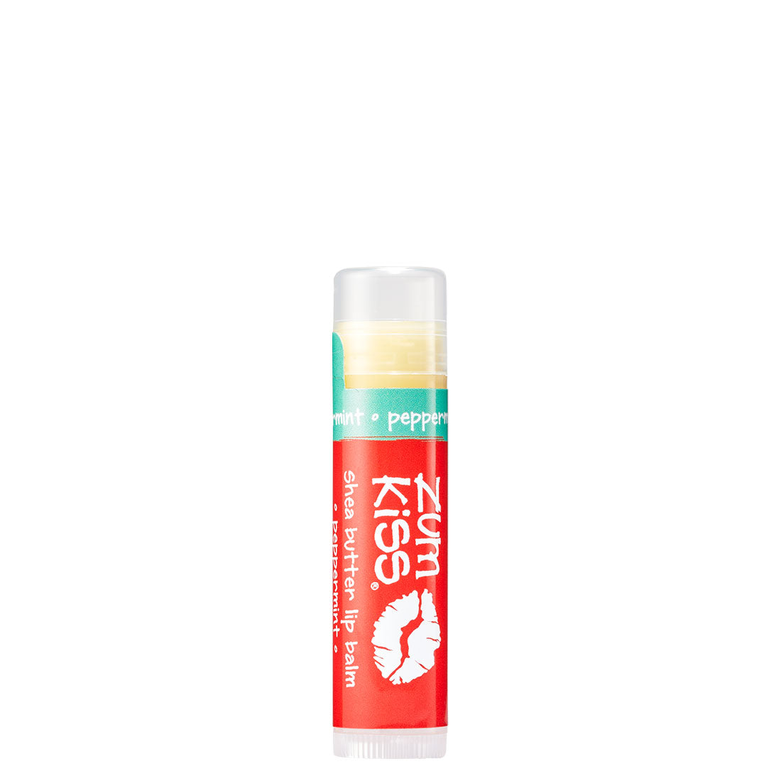 0.15 tube stick of Zumbo Kiss shea butter lip balm in the flavor Peppermint. Label colors are red and seafoam green.