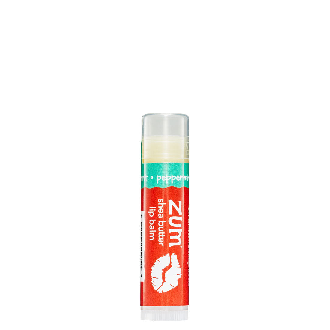 0.15 tube stick of Zumbo Kiss shea butter lip balm in the flavor Peppermint. Label colors are red and seafoam green.