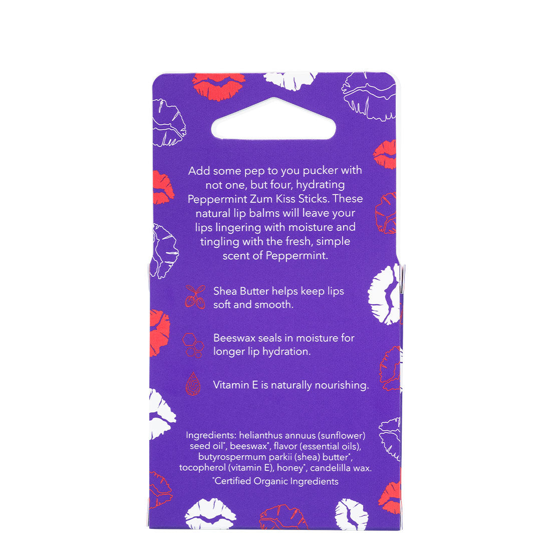 Purple packaging with lip designs and text on a white background