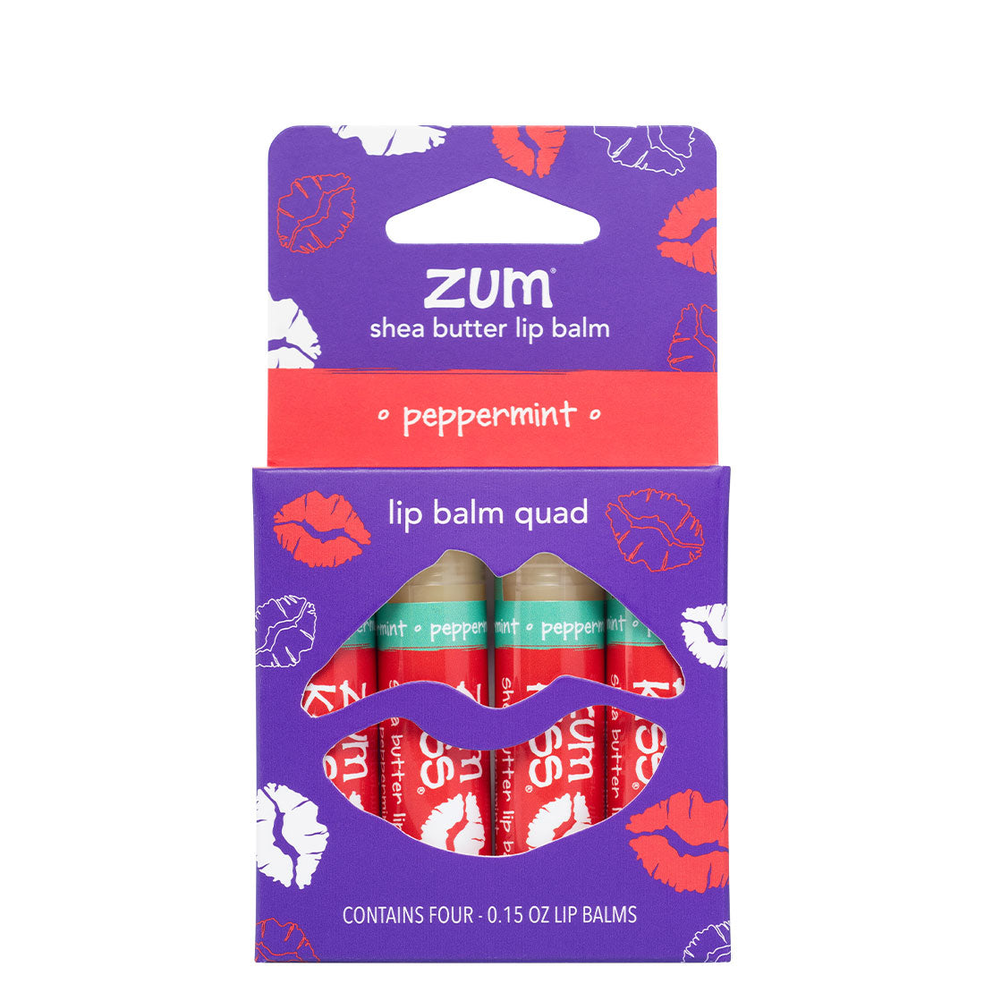 Packaging of Zum shea butter lip balm quad with purple and red design.