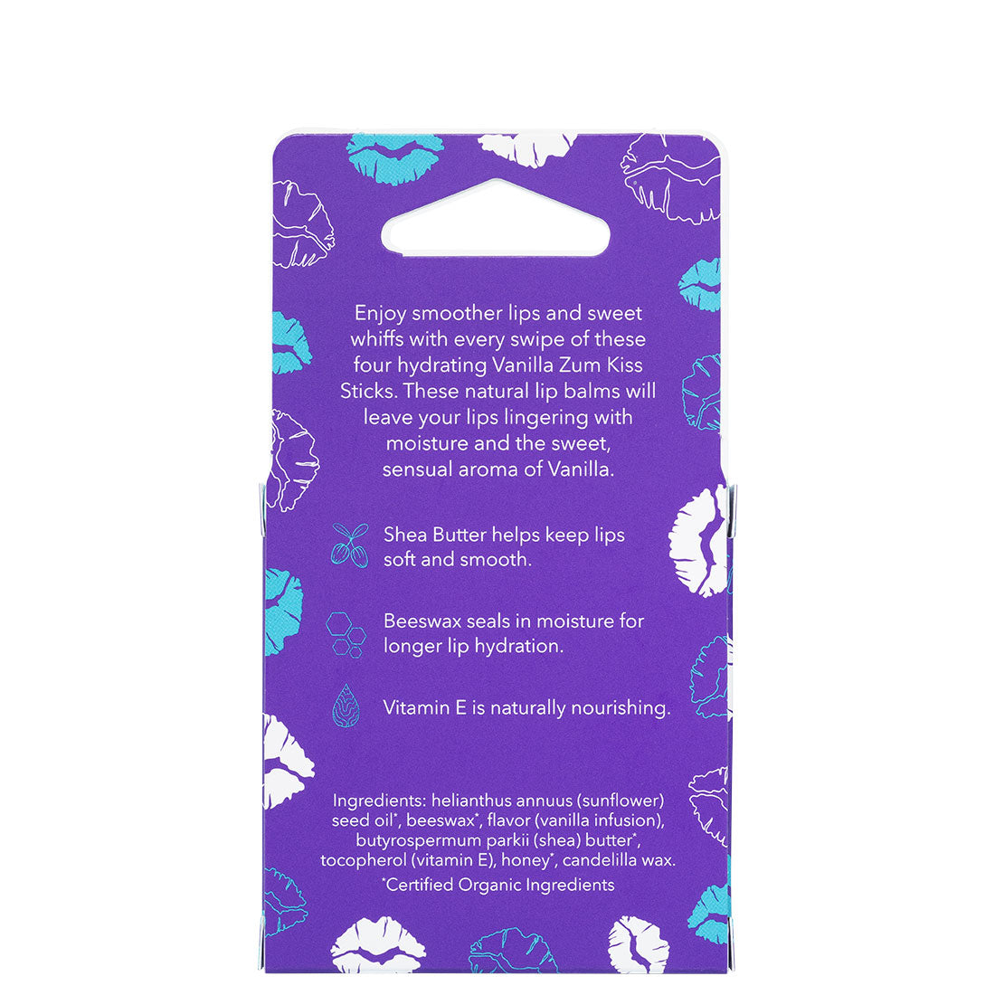 Purple packaging of Vanilla Zum Kiss Sticks with lip designs and text on a white background