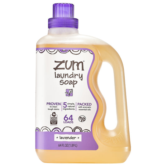 Plastic bottle with wavy edge, handle and screw top cap containing lavender laundry soap liquid