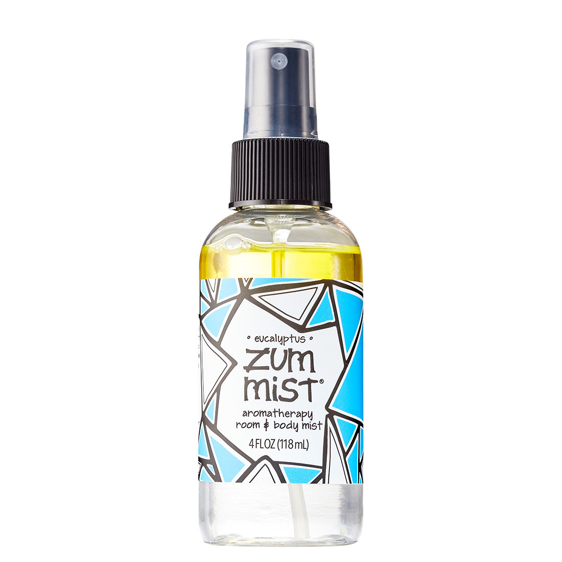 Clear bottle with black spray pump containing eucalyptus scented body spray