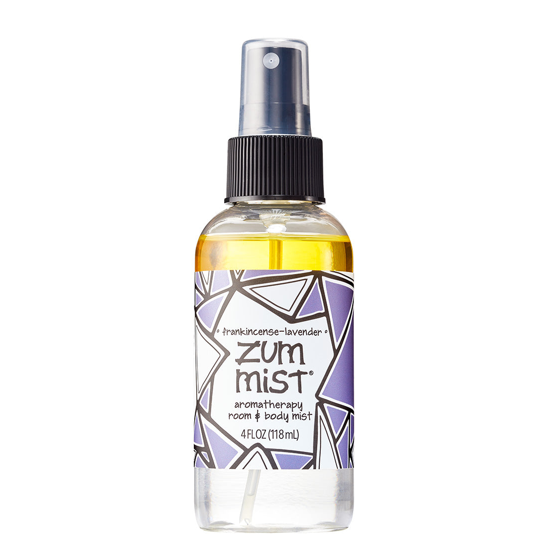 Labeled clear bottle with sprayer top that contains frankincense-lavender scented room and body spray.