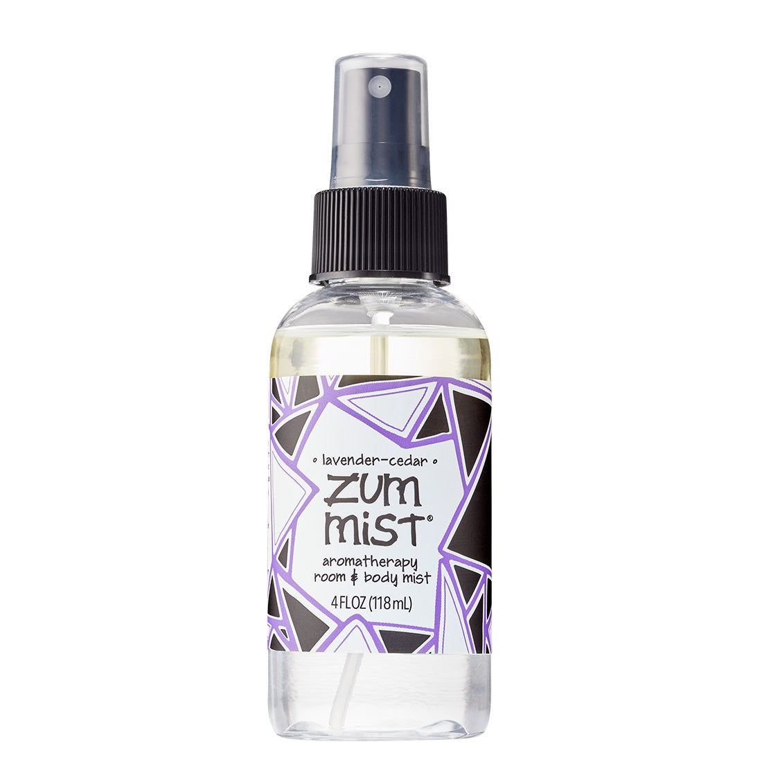 Round bottle with sprayer top containing lavender-cedar scented room and body spray