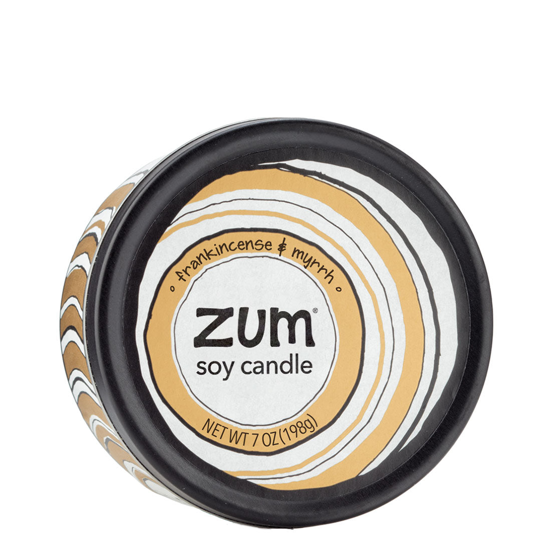Top view 7 oz Frankincense & Myrrh Candle in a black tin with brown and white label that has circular designs.