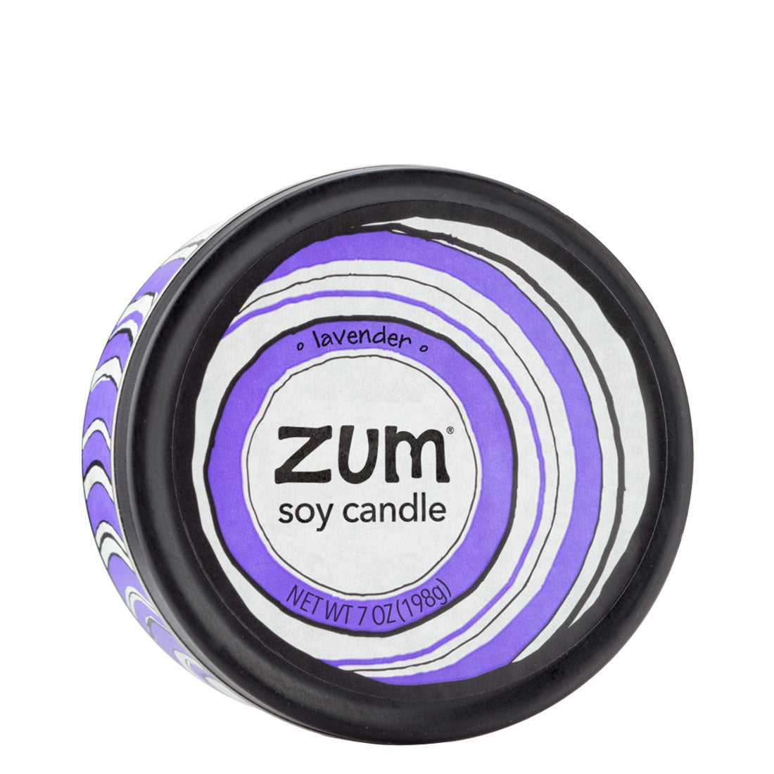 Top view 7 oz Lavender Candle in a black tin with purple and white label that has circular designs.