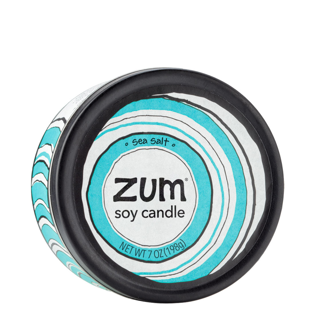 Top view 7 oz Sea Salt Candle in a black tin with blue and white label that has circular designs.