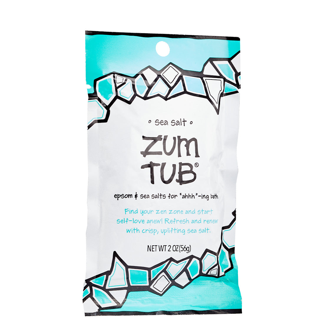 Tearable packet with blue design containing sea salt scented bath salts