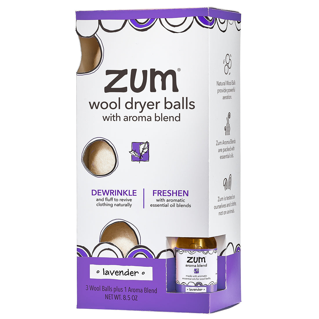 Lavender Wool Dryer Ball Kit on white background with three wool balls and aroma blend inside box.