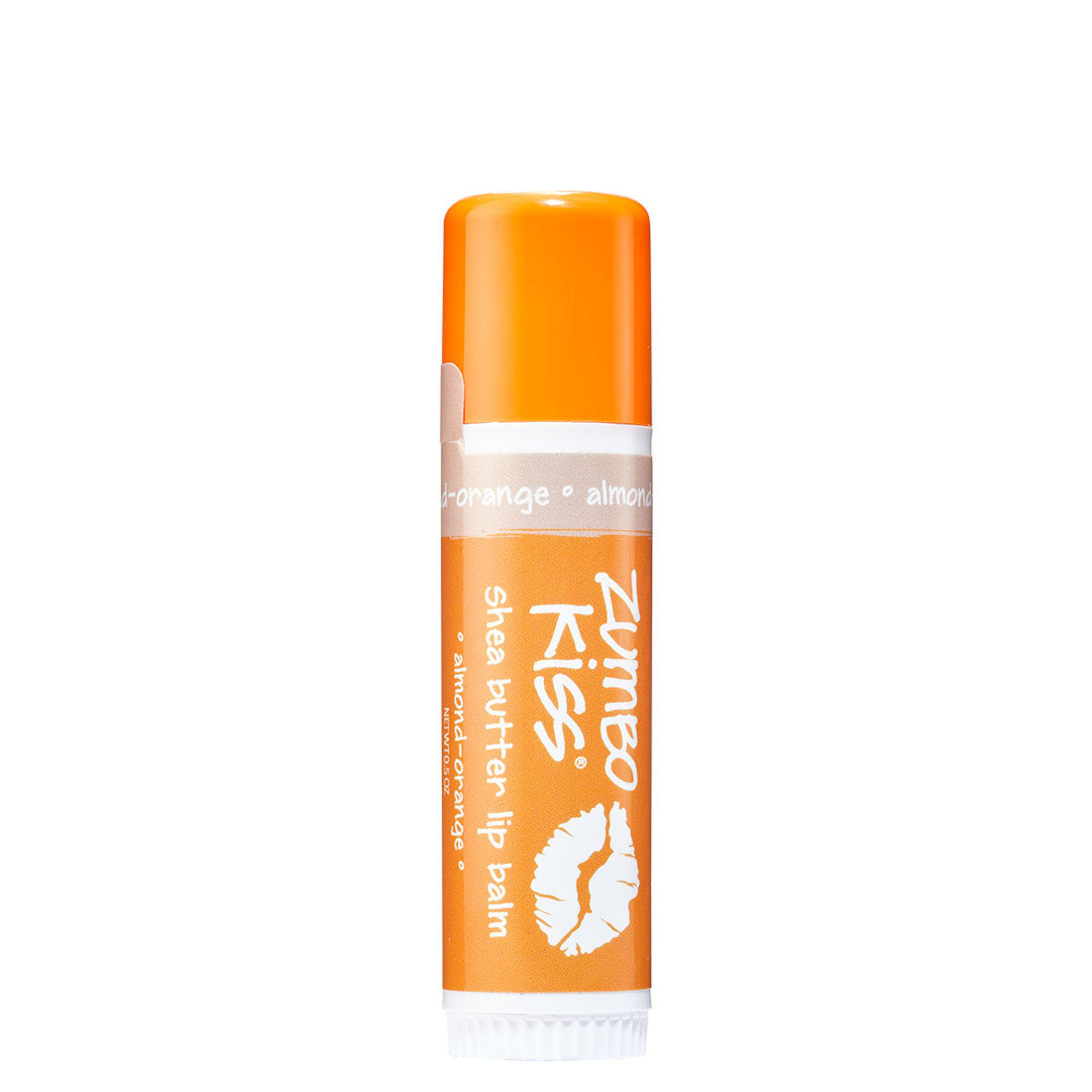 0.5 Tube of Zumbo Kiss shea butter lip balm in the scent Almond-Orange. Label colors are orange and beige.