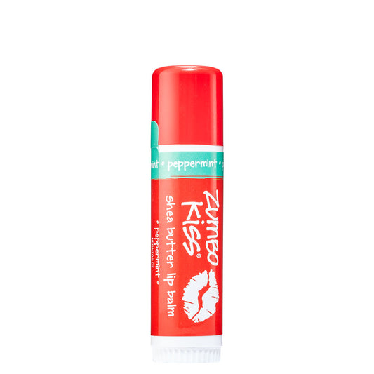 0.5 Tube of Zumbo Kiss shea butter lip balm in the scent Peppermint. Label colors are red and seafoam green.